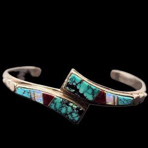 Vintage Southwestern Sterling Silver Inlay 'Lightning Bolt' Cuff Bracelet